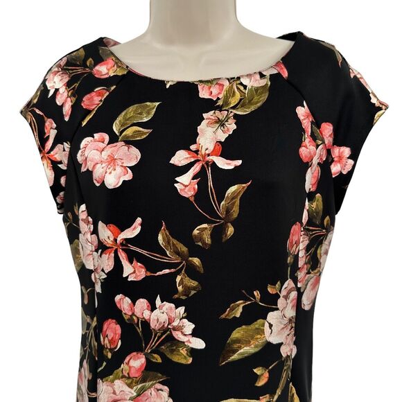 Beige Dress 4 Black Pink Floral Scuba Short Sleeve Sheath Side Slit Day to Night - Picture 2 of 9